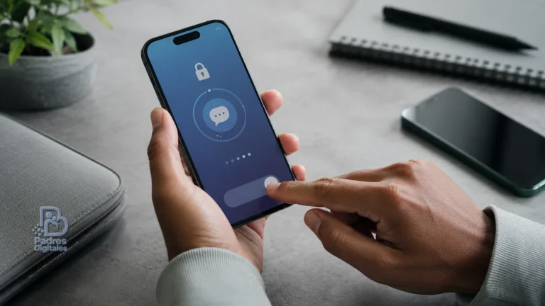Manos configurando seguridad en un móvil junto a un estuche con relieve de Padres Digitales