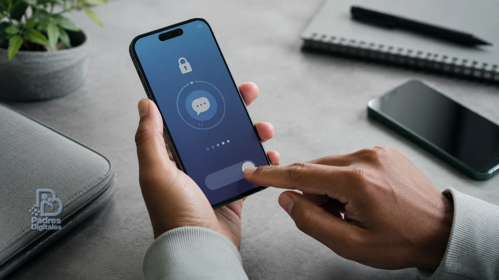 Manos configurando seguridad en un móvil junto a un estuche con relieve de Padres Digitales
