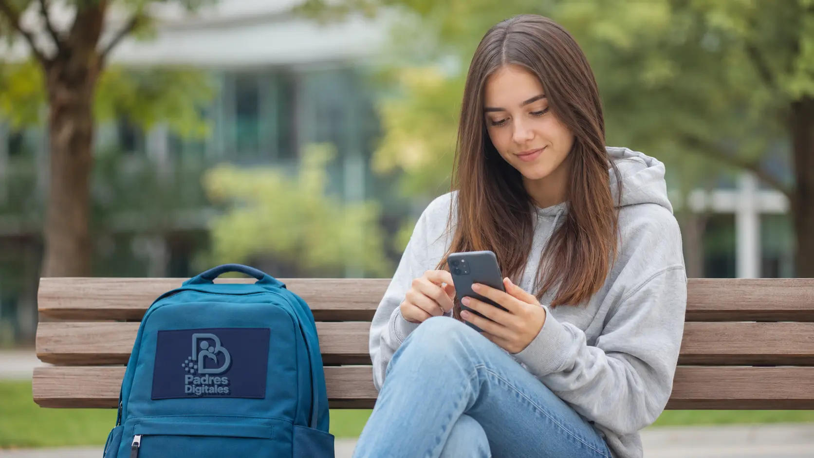 Adolescente utilizando un móvil junto a una mochila con relieve de Padres Digitales