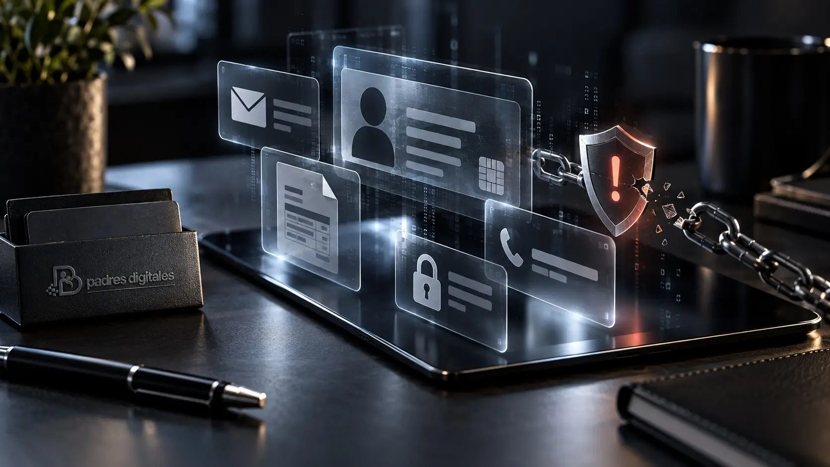 Escena de ciberseguridad con mensajes y adjuntos sospechosos
