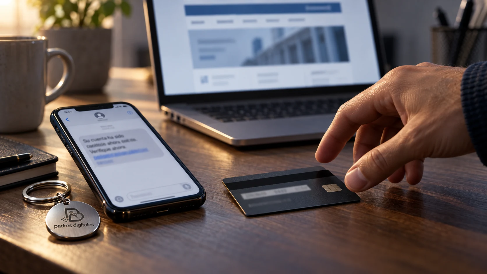 Mano dudando antes de usar una tarjeta tras recibir un SMS bancario sospechoso