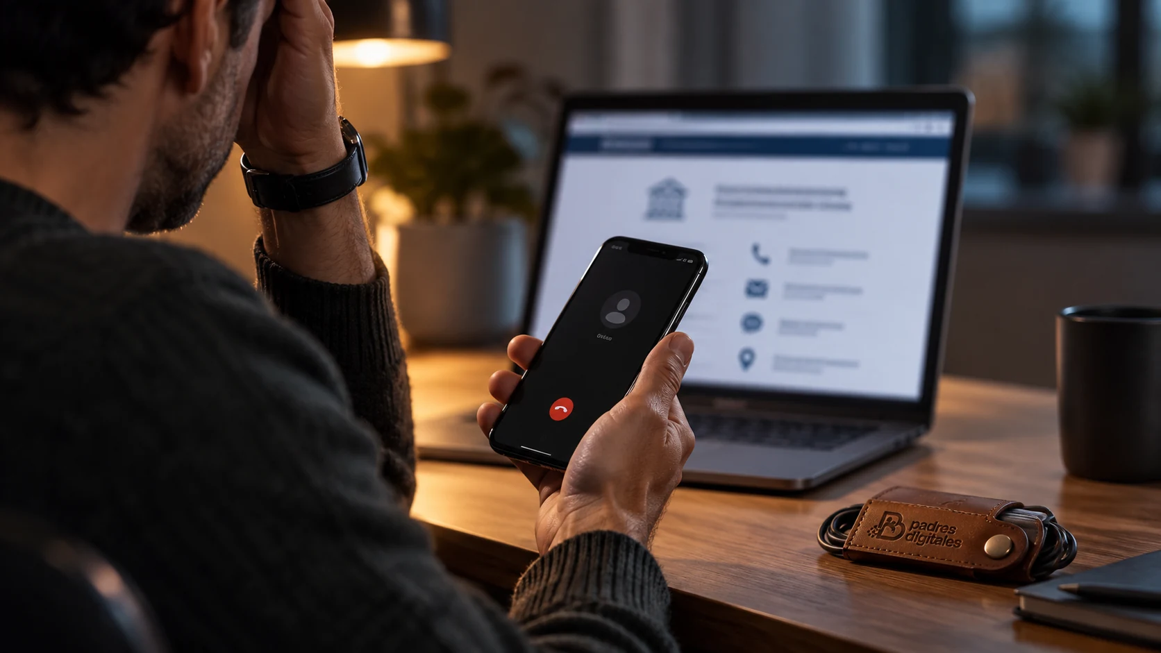 Persona colgando una llamada sospechosa y verificando el contacto oficial del banco