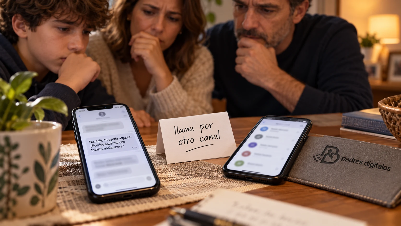 Familia verificando por otro canal una petición urgente de dinero
