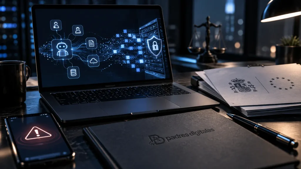 Portátil con diagrama de agente de inteligencia artificial y señales de brecha de datos personales