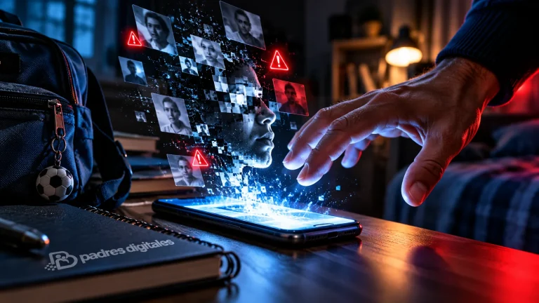 Teléfono con rostro fragmentado por inteligencia artificial y alerta de ciberacoso escolar.