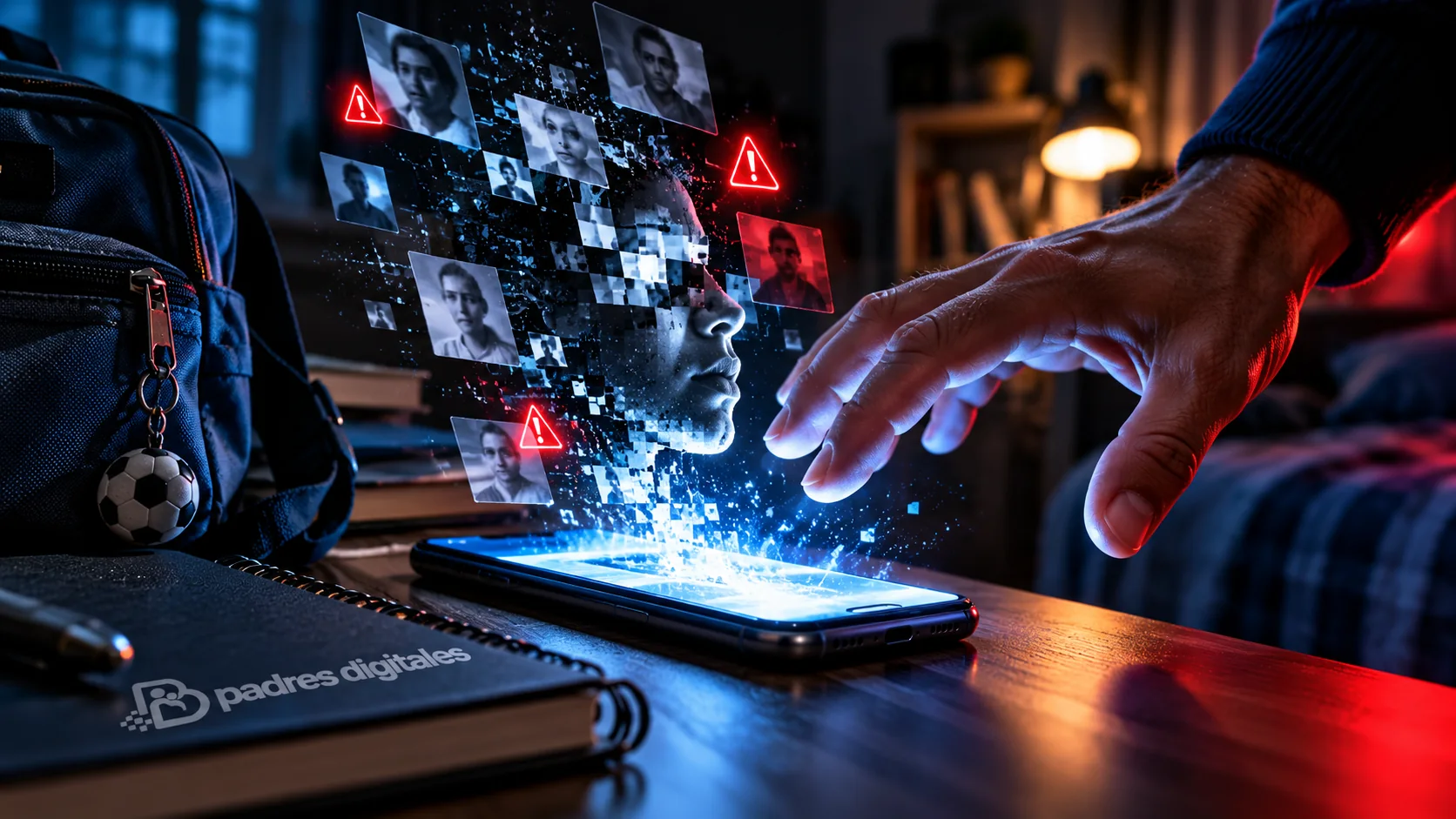 Teléfono con rostro fragmentado por inteligencia artificial y alerta de ciberacoso escolar.
