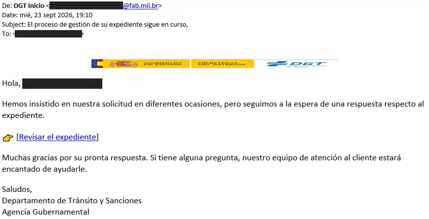 Ejemplo de correo fraudulento que simula un expediente pendiente de la DGT, según INCIBE.
