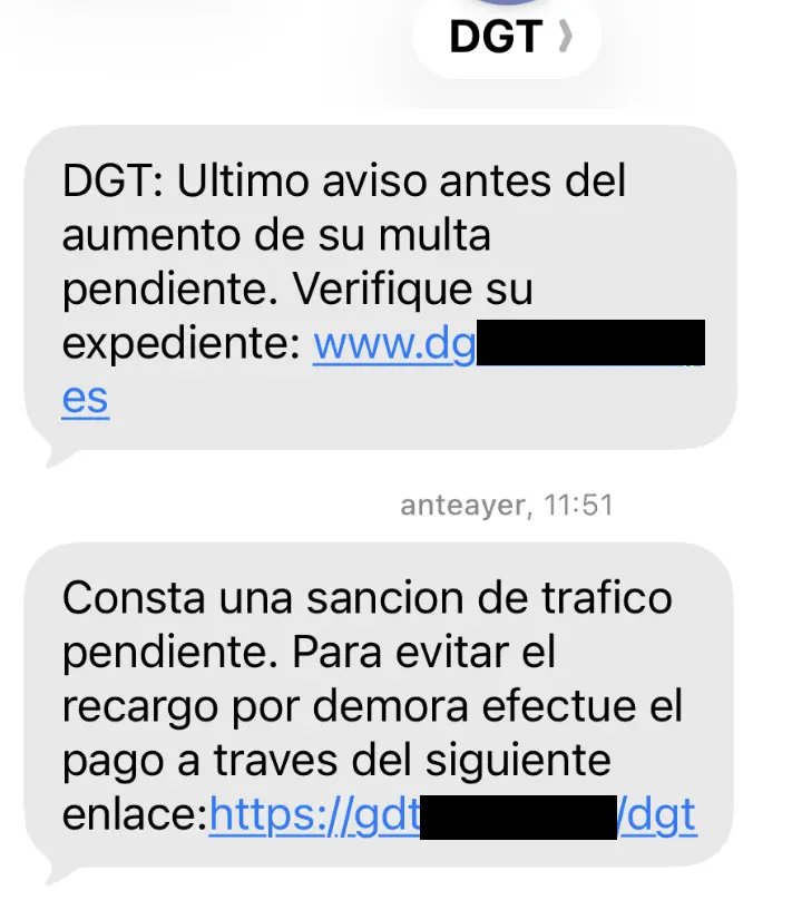 Ejemplo de SMS fraudulentos que suplantan a la DGT, según el aviso de INCIBE.