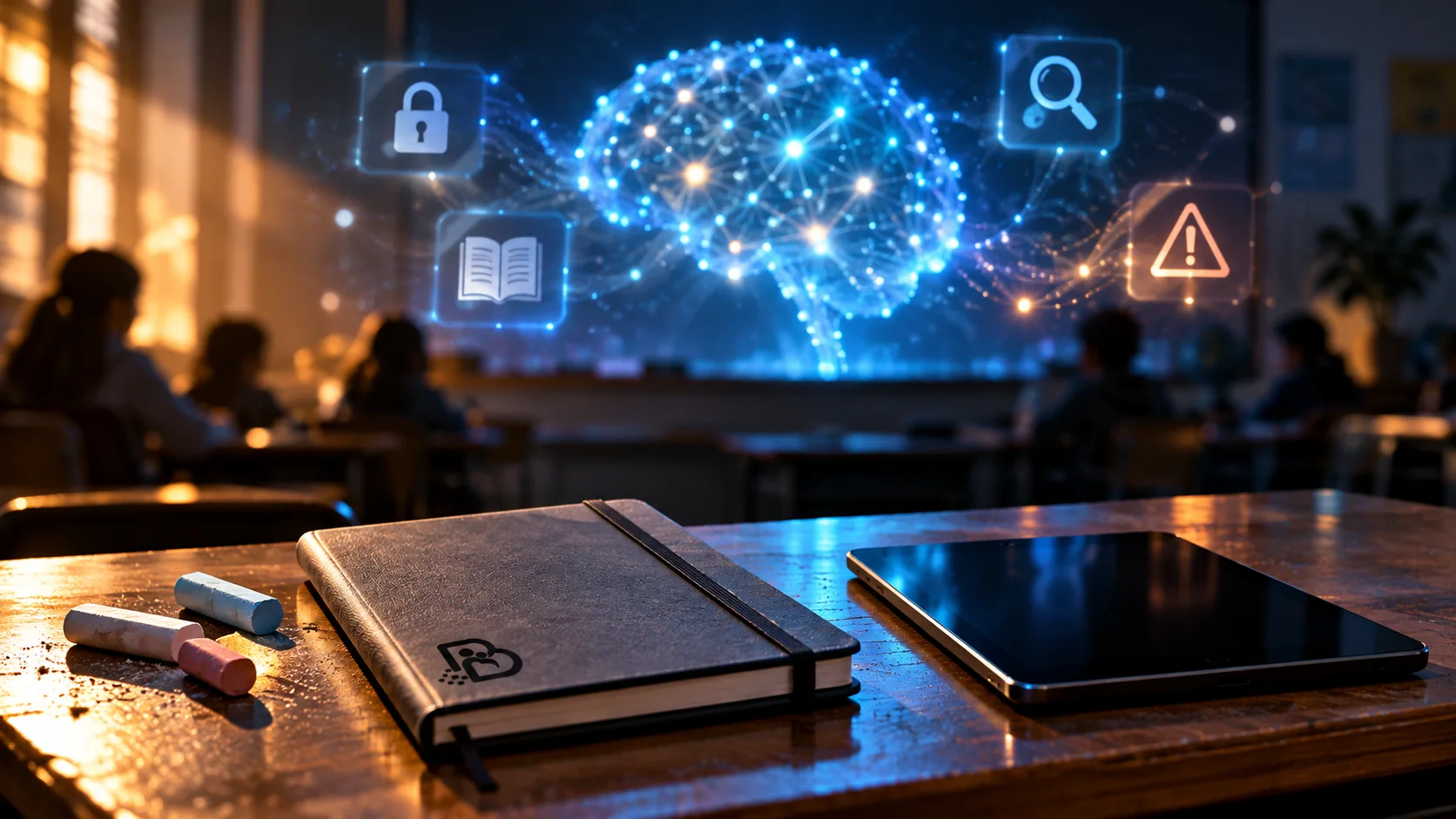 Aula con símbolos de inteligencia artificial, privacidad y aprendizaje.