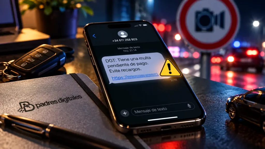 Móvil con un SMS sospechoso de multa pendiente y un cuaderno de Padres Digitales sobre una mesa.