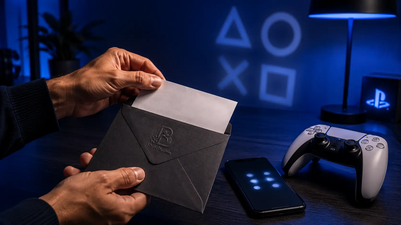 Unas manos guardan en un sobre los códigos de respaldo junto a un móvil y un mando de PlayStation