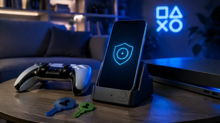 Mando de PlayStation y móvil con un símbolo de control familiar sobre una base con la marca Padres Digitales
