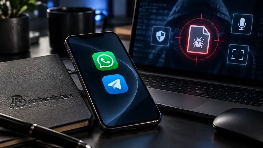 Teléfono con iconos de WhatsApp y Telegram junto a señales de spyware y archivo sospechoso