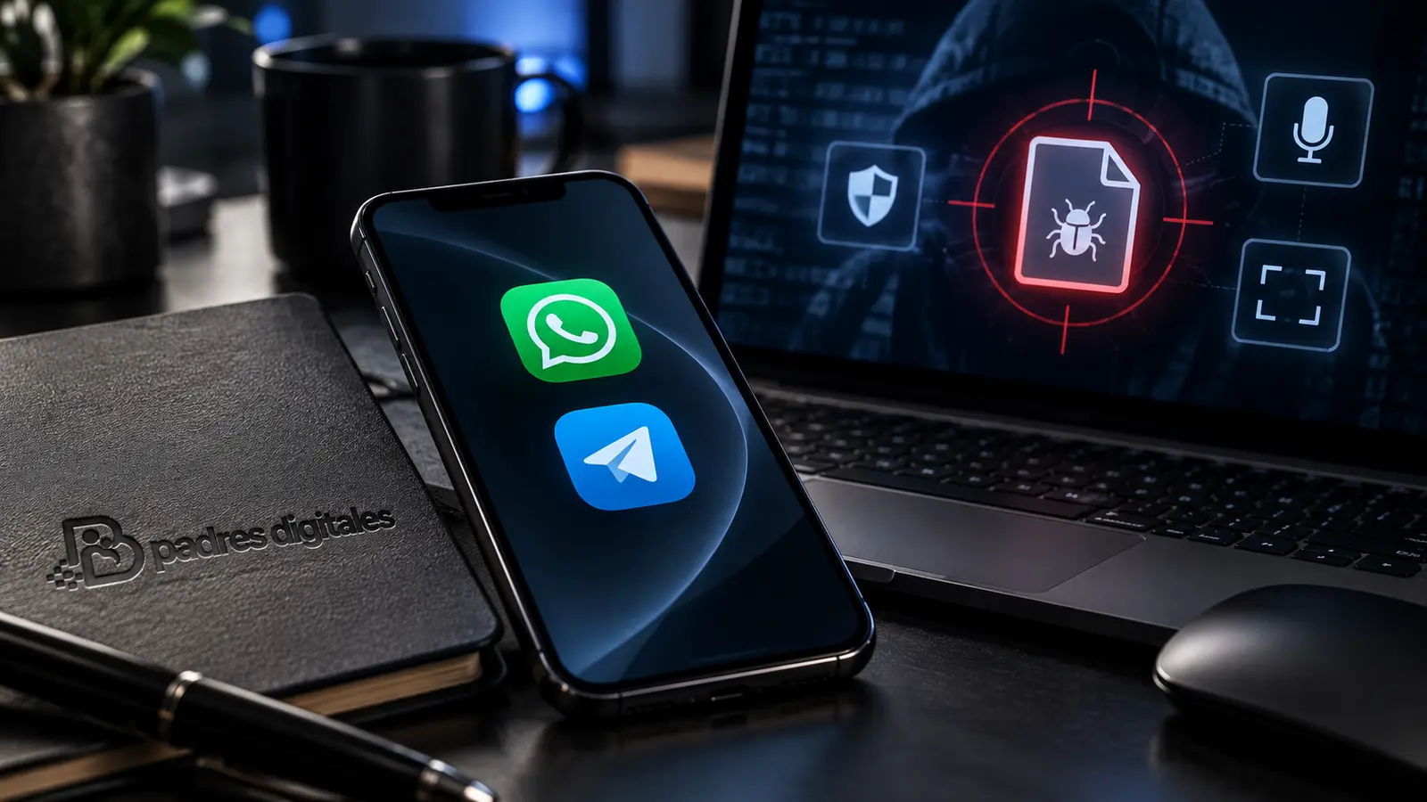 Teléfono con iconos de WhatsApp y Telegram junto a señales de spyware y archivo sospechoso