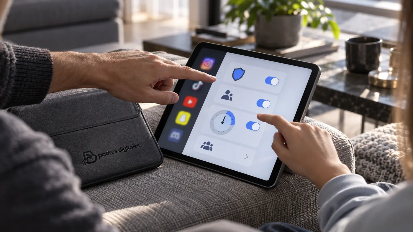 Adulto y menor revisando controles de privacidad y tiempo de uso en una tableta