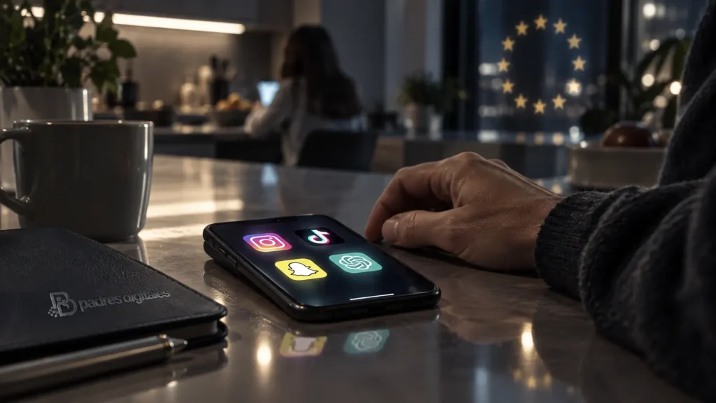 Teléfono con aplicaciones sociales e inteligencia artificial sobre una mesa familiar con referencia visual a la Unión Europea