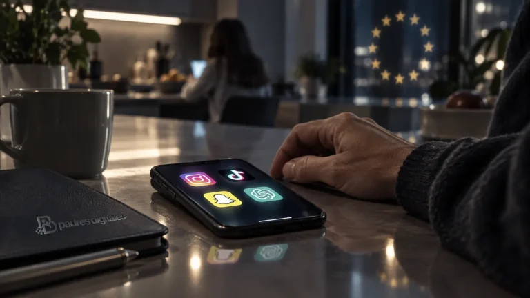 Teléfono con aplicaciones sociales e inteligencia artificial sobre una mesa familiar con referencia visual a la Unión Europea