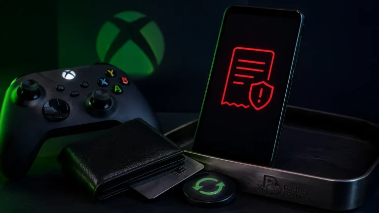 Mando de Xbox, cartera y móvil con un aviso de cargo junto a la marca Padres Digitales