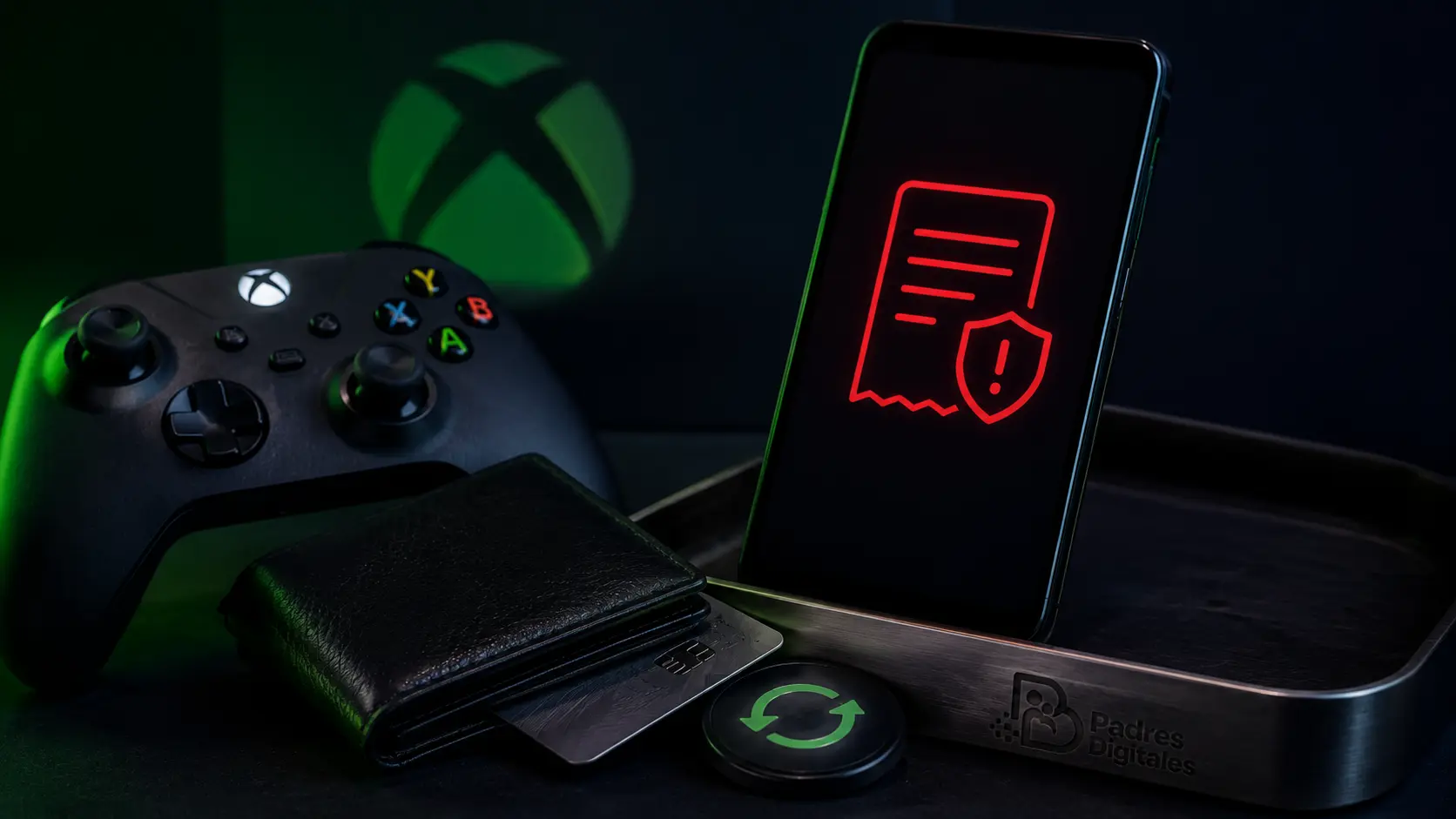 Mando de Xbox, cartera y móvil con un aviso de cargo junto a la marca Padres Digitales