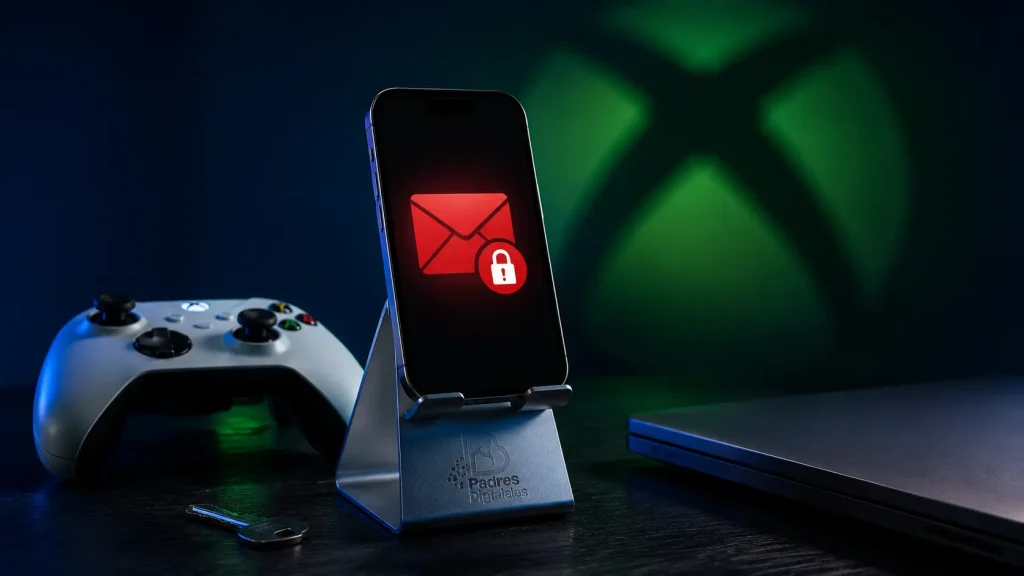 Mando de Xbox y móvil con un aviso de correo bloqueado sobre una base con la marca Padres Digitales