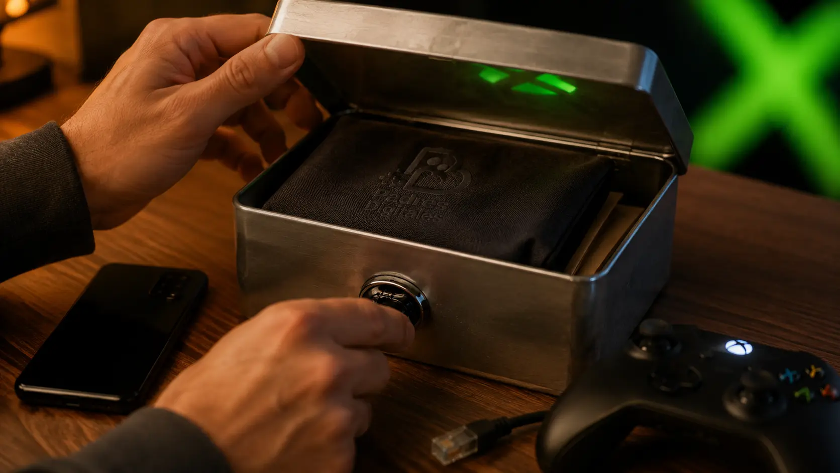 Un adulto protege documentos de recuperación junto a un móvil y un mando de Xbox