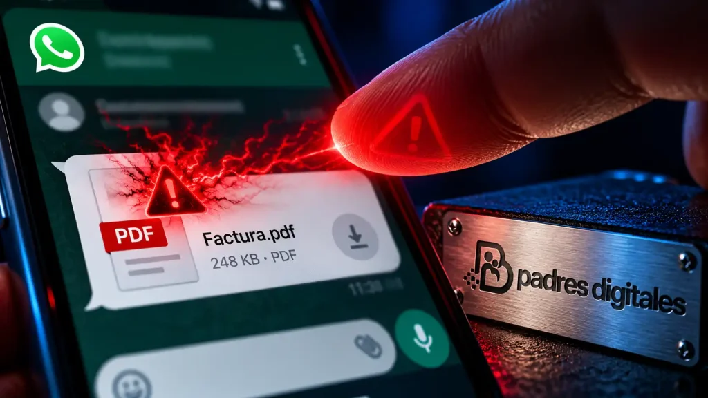 Documento PDF recibido por WhatsApp con una alerta roja y un dedo a punto de abrirlo, junto al logotipo oficial de Padres Digitales.