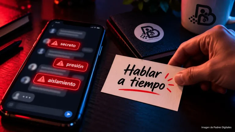 Móvil con señales de alerta en una conversación online y tarjeta que recuerda hablar a tiempo