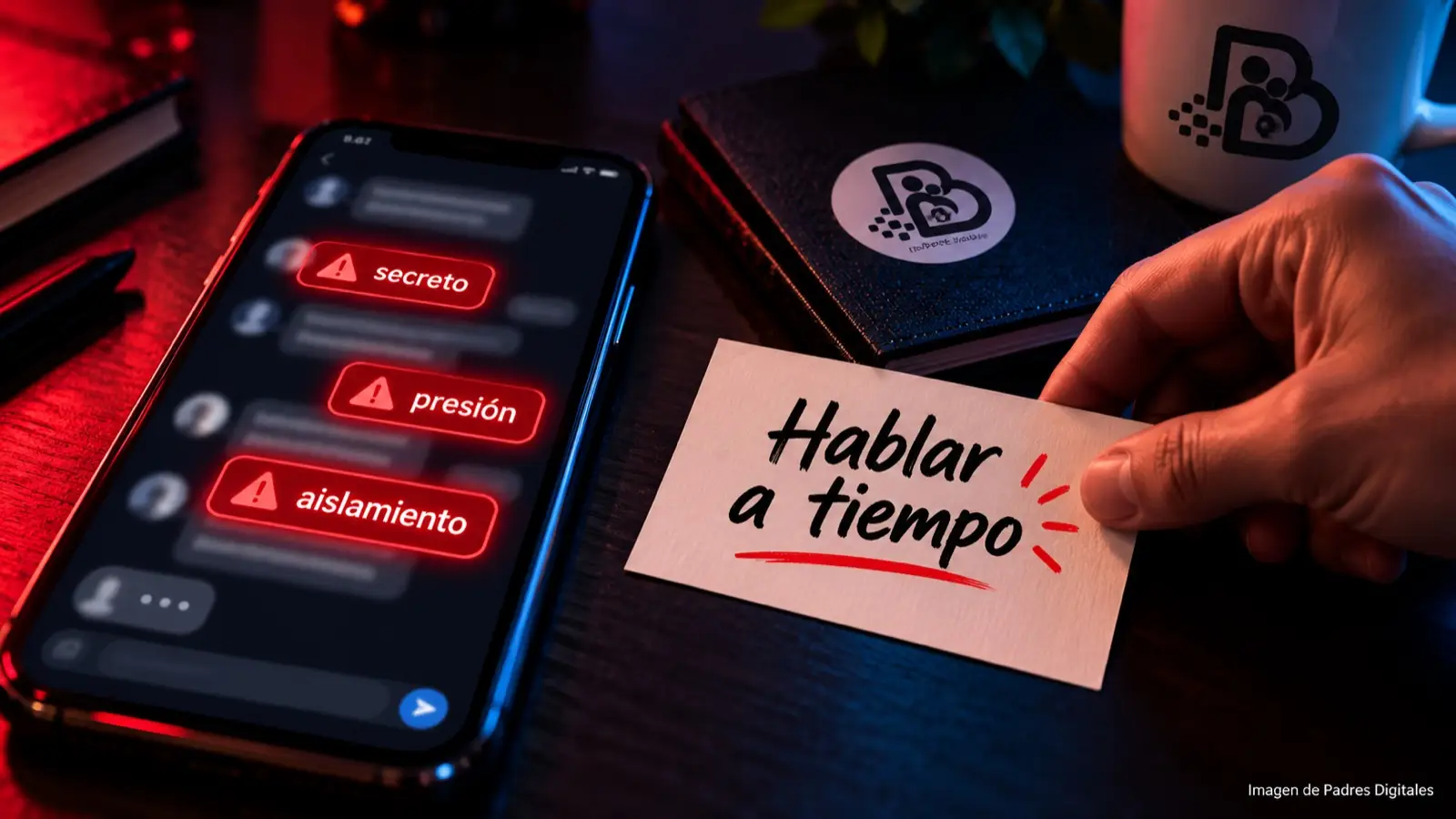 Móvil con señales de alerta en una conversación online y tarjeta que recuerda hablar a tiempo