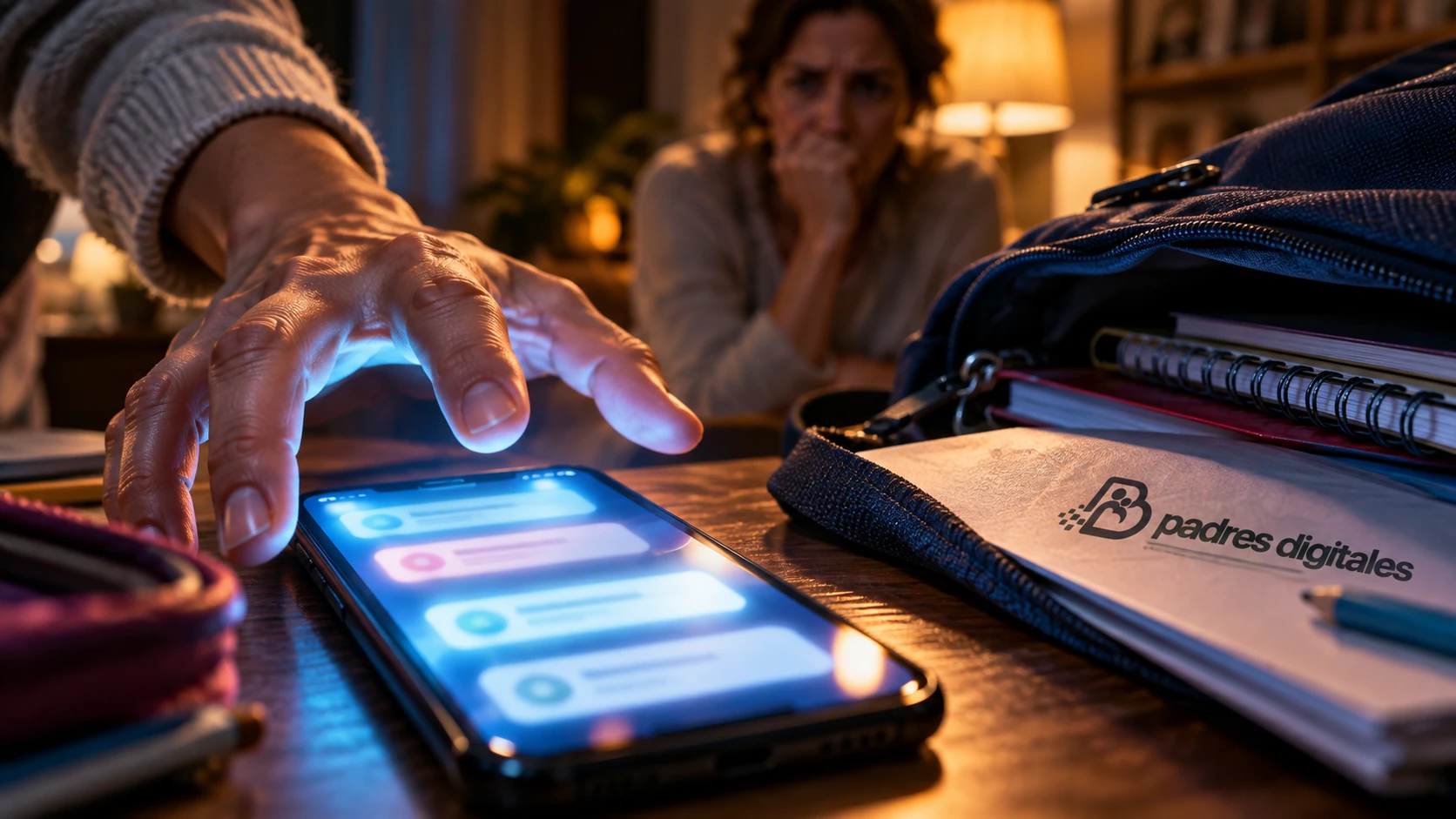 Mano adulta se acerca a un móvil con notificaciones borrosas junto a mochila escolar y cuaderno de Padres Digitales.
