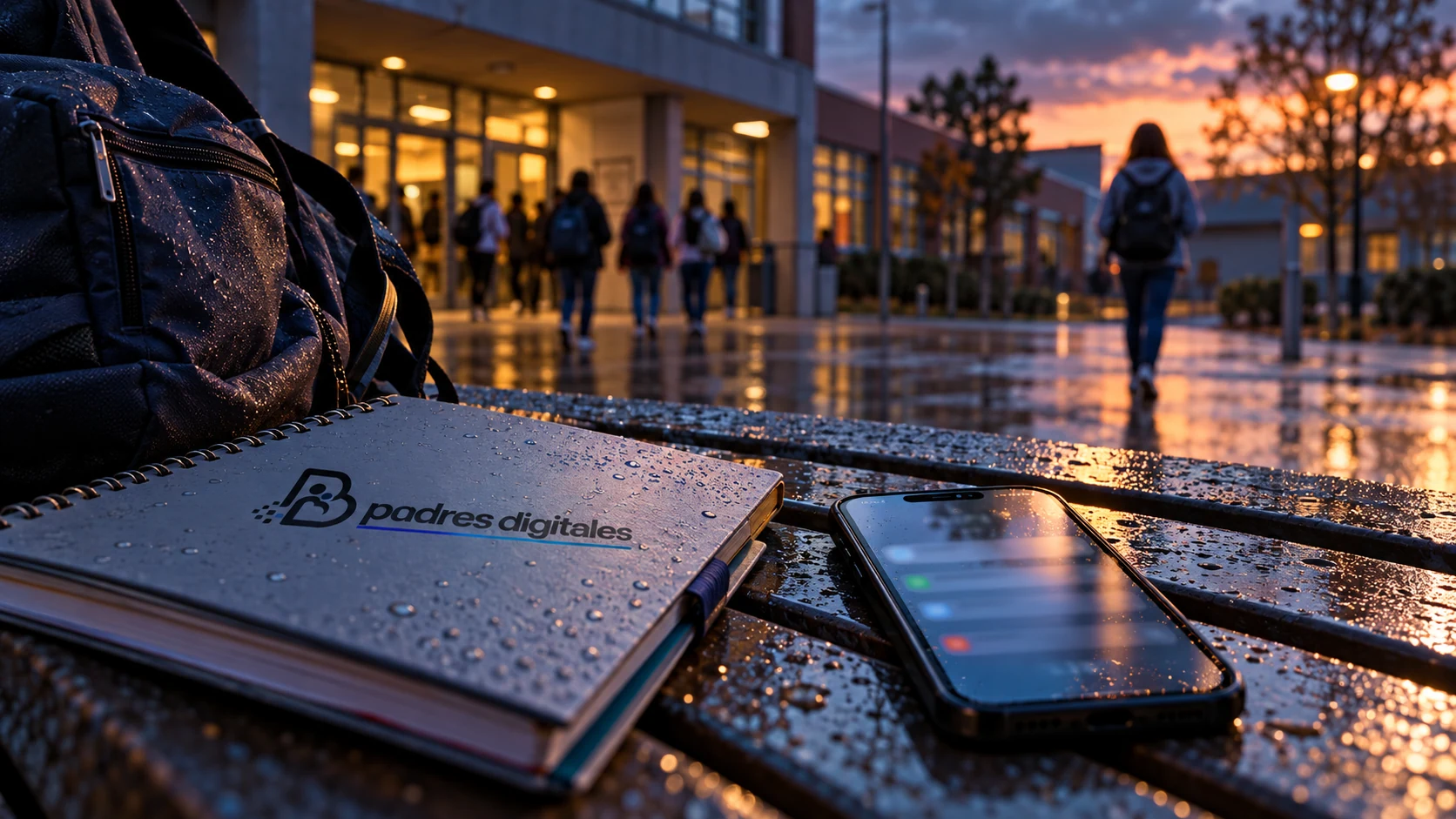 Teléfono y cuaderno de Padres Digitales frente a un centro escolar al anochecer.