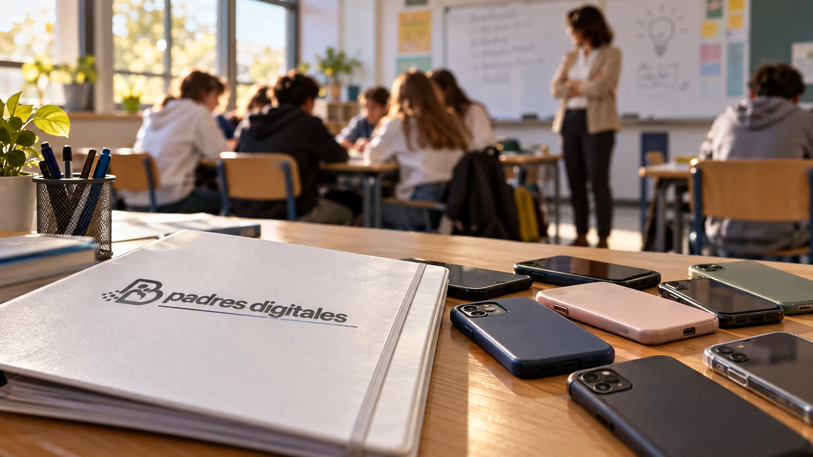 Actividad de prevención y convivencia digital en aula con móviles recogidos y cuaderno de Padres Digitales.
