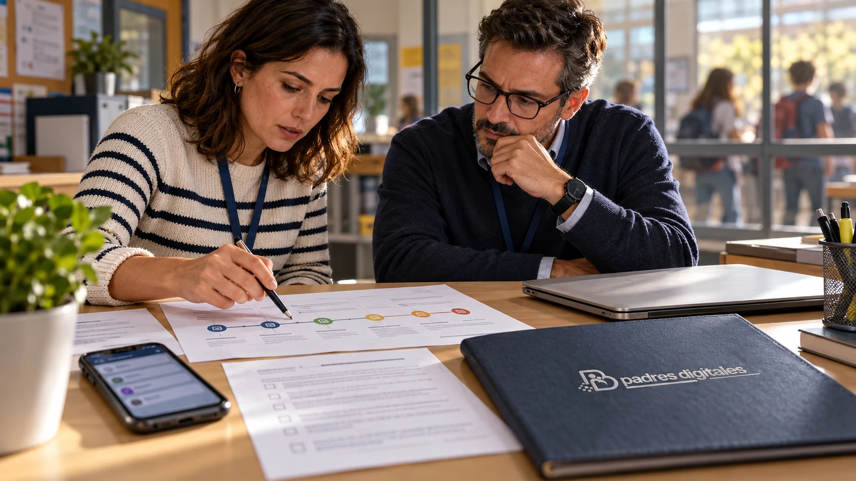 Docentes coordinan la respuesta del centro revisando un protocolo y evidencias digitales.