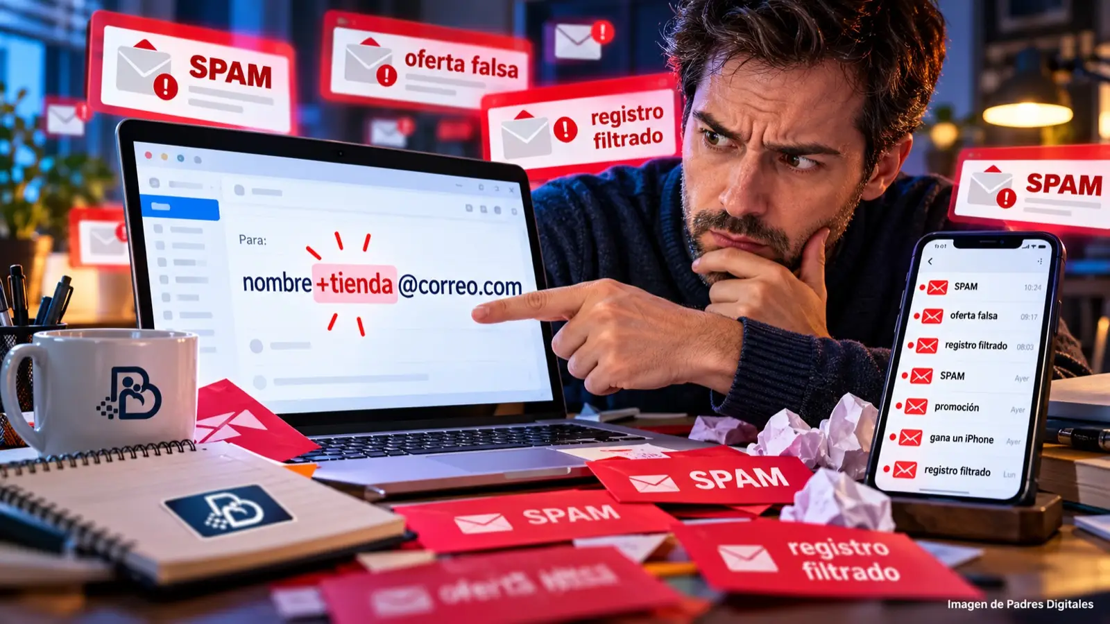 Bandeja de correo saturada de spam con una dirección con signo más para rastrear registros filtrados
