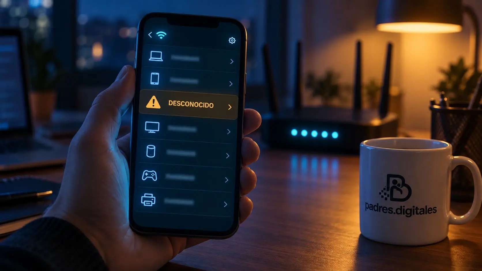 Lista de dispositivos conectados a una red WiFi con uno marcado como desconocido.