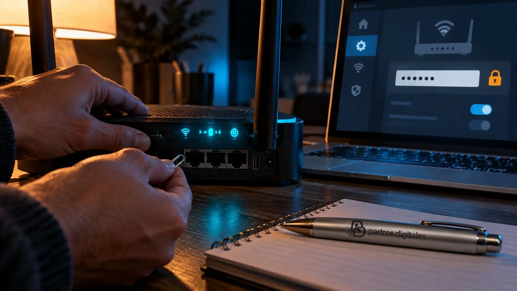 Persona cambiando la configuración de seguridad y la contraseña de un router doméstico.