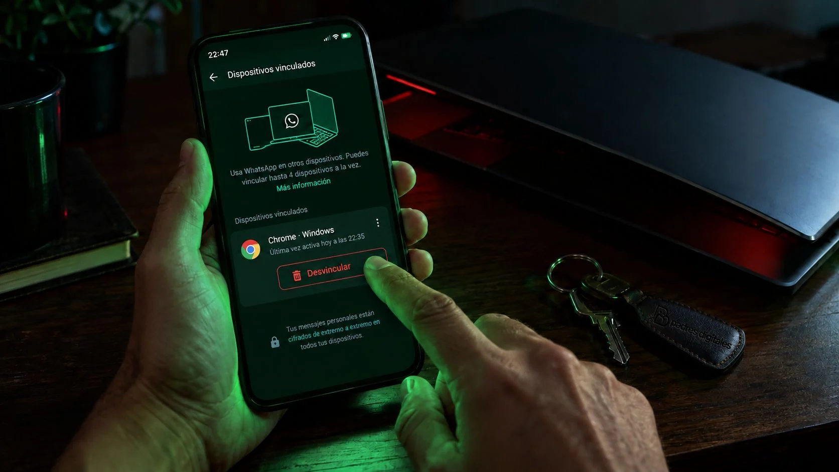 Varios dispositivos y mensajes mientras una familia revisa la seguridad de WhatsApp