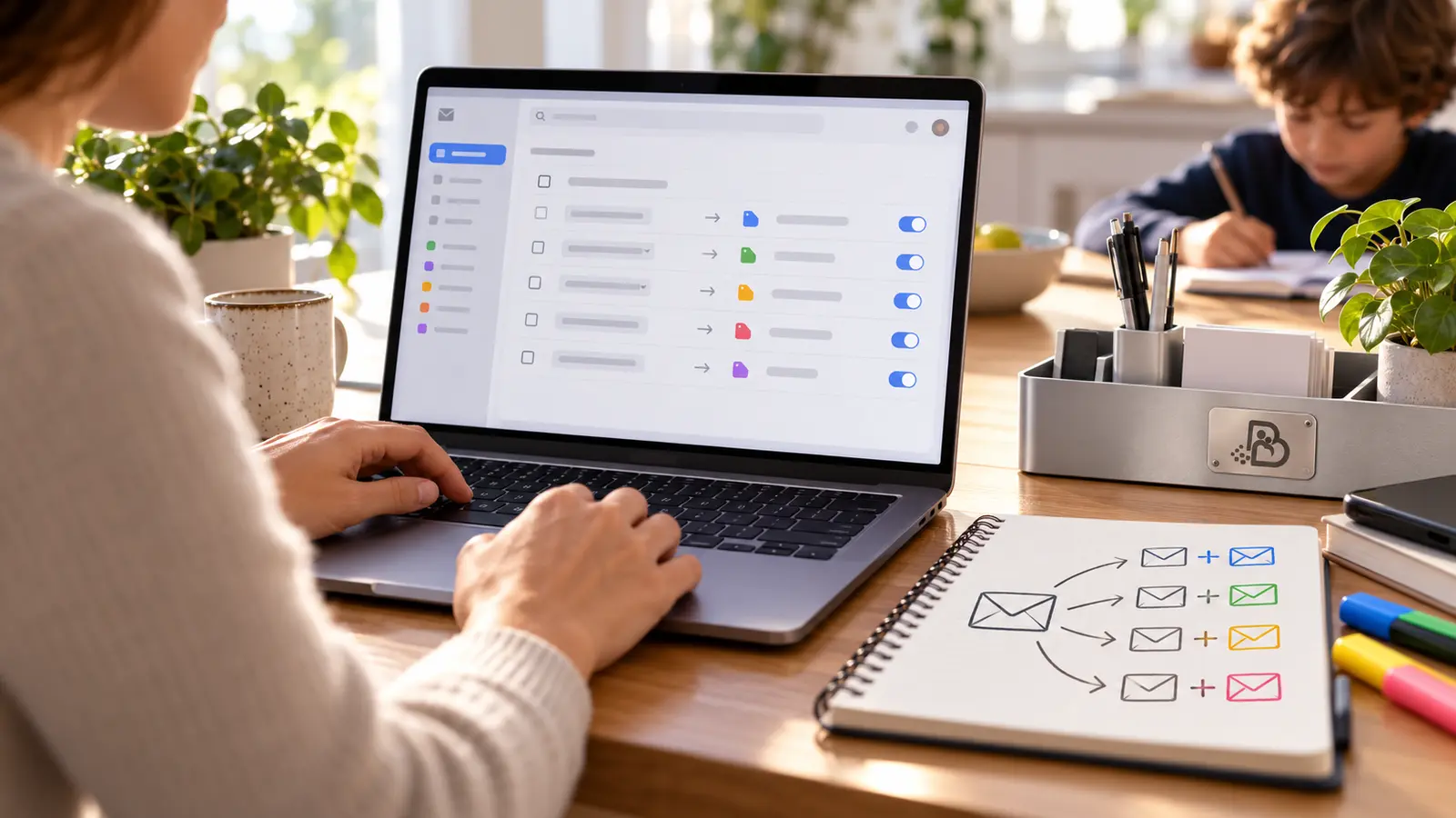 Persona adulta configurando filtros de correo y alias con el logotipo de Padres Digitales integrado en un organizador metálico de escritorio.
