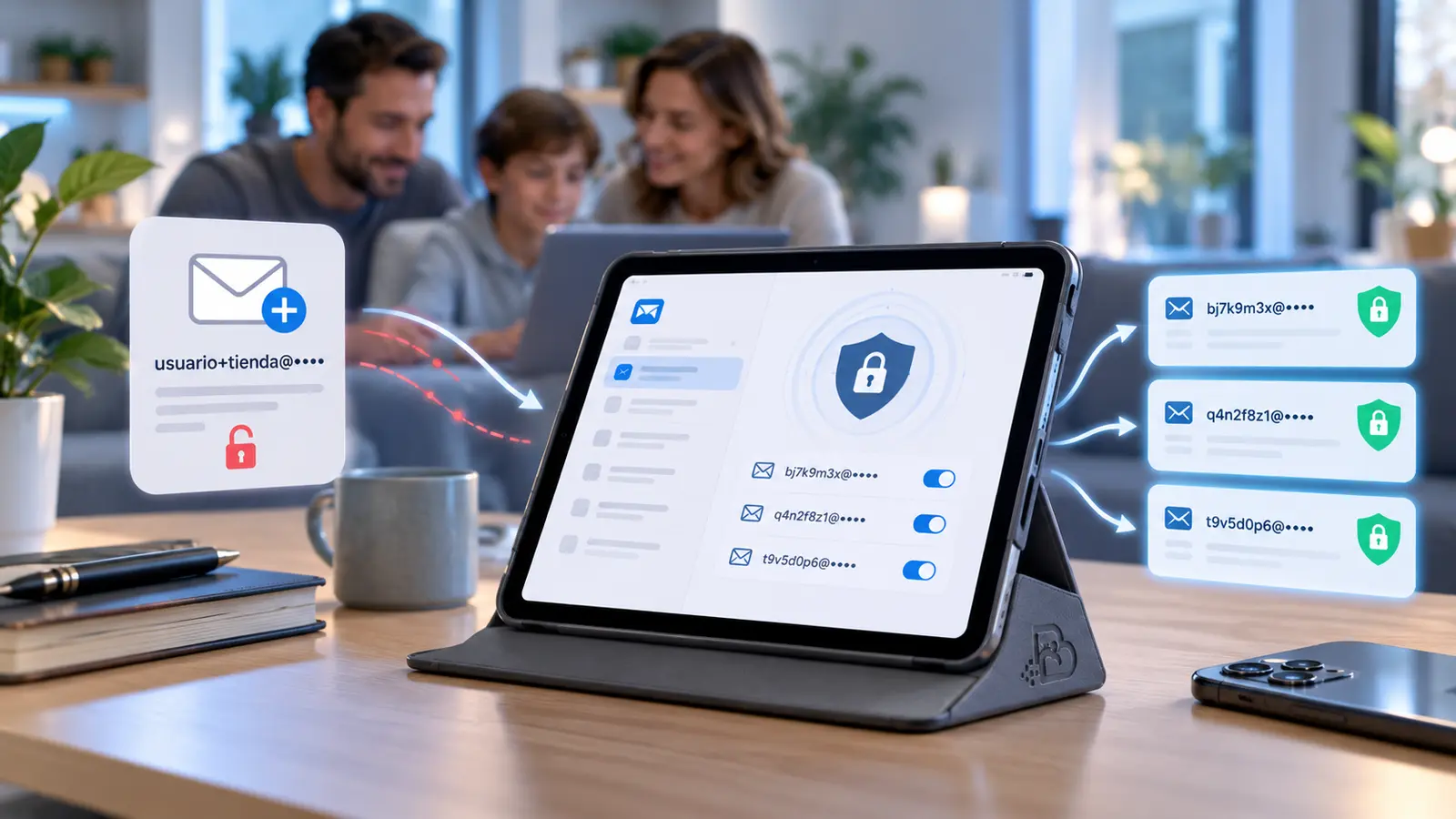 Tableta mostrando alias privados y correo con etiqueta, con el logotipo de Padres Digitales integrado en la funda del dispositivo.