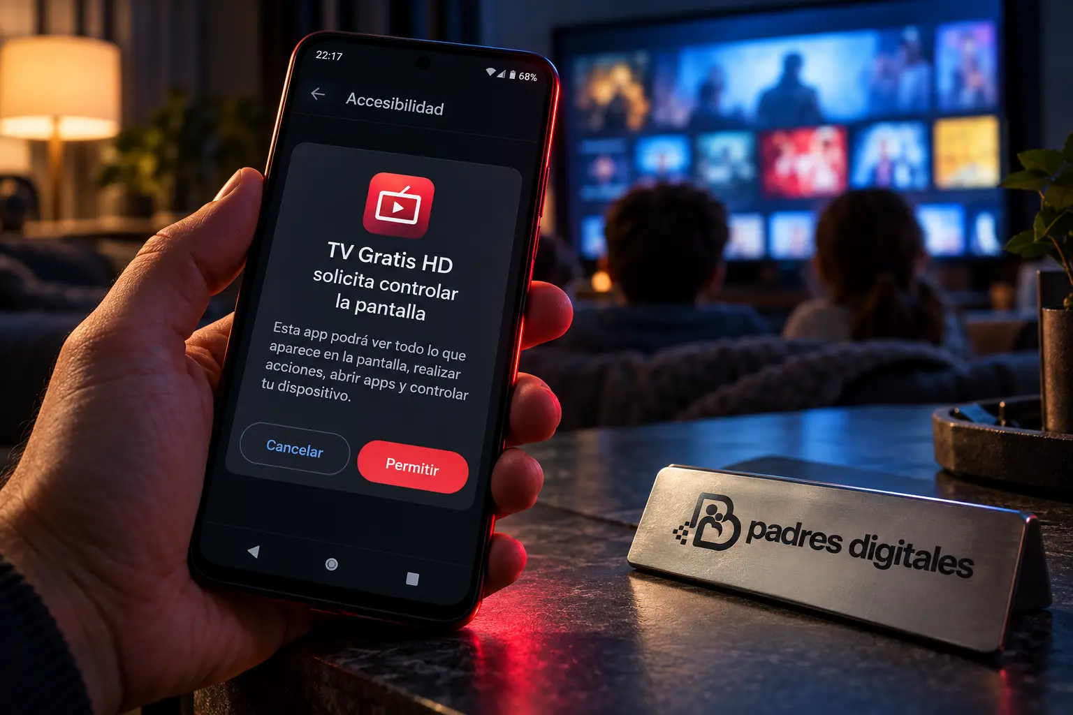 App gratis para ver TV en Android pide permisos de accesibilidad en un móvil con el logo de Padres Digitales integrado en la mesa