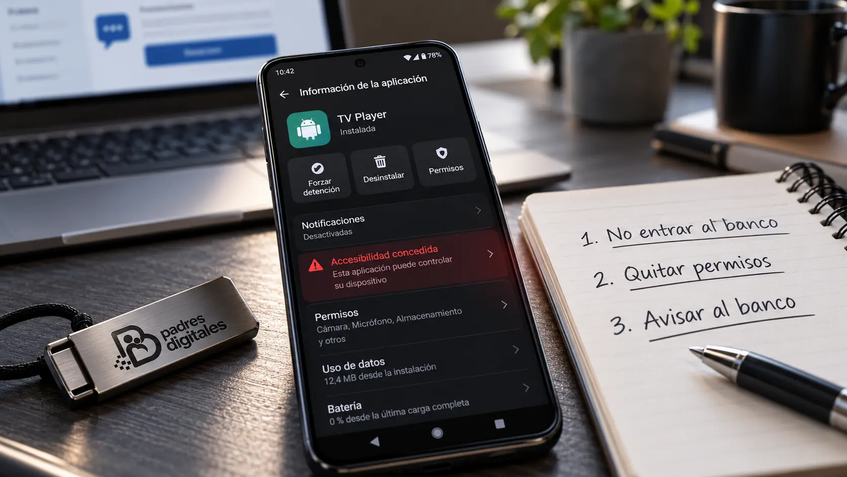 Móvil Android con accesibilidad concedida y lista de pasos para quitar permisos y avisar al banco