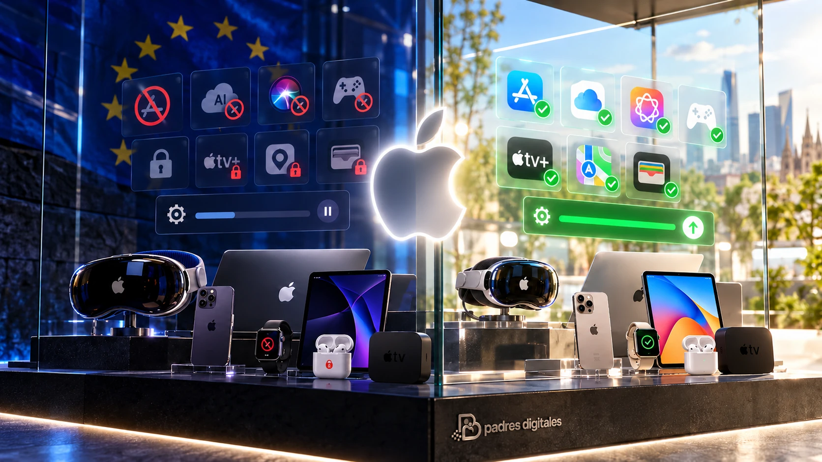 Ecosistema Apple reconocible, con Europa mostrando servicios bloqueados y otros mercados con funciones activas; logotipo de Padres Digitales discreto en la base.