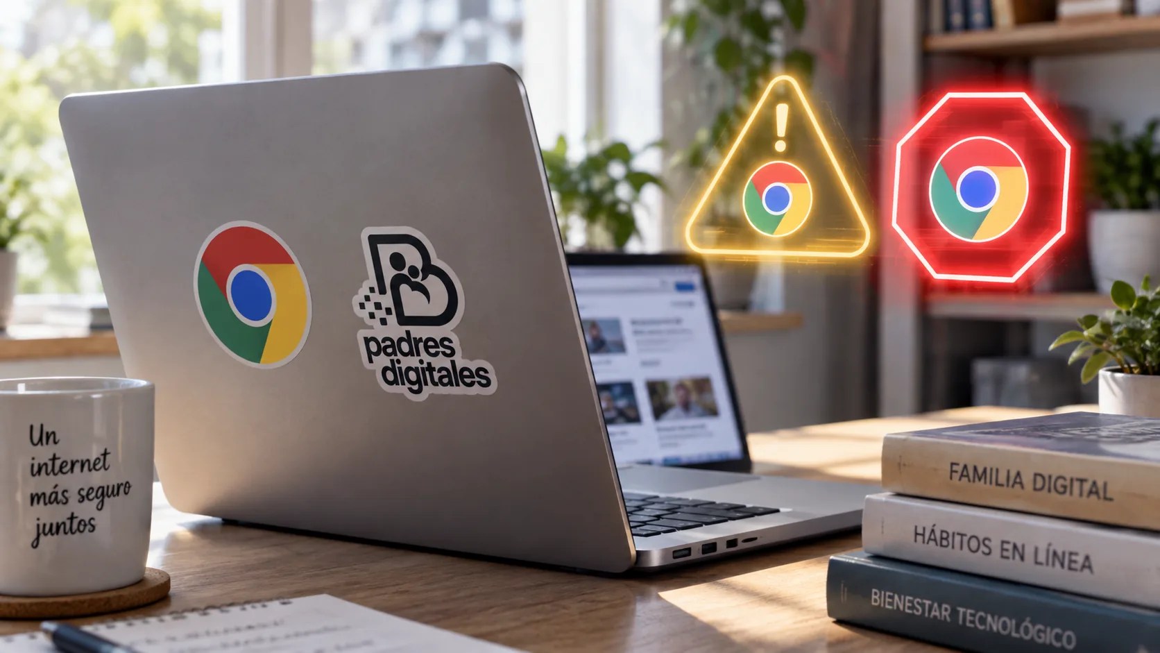 Portátil con dos hologramas de aviso: triángulo amarillo y octógono rojo