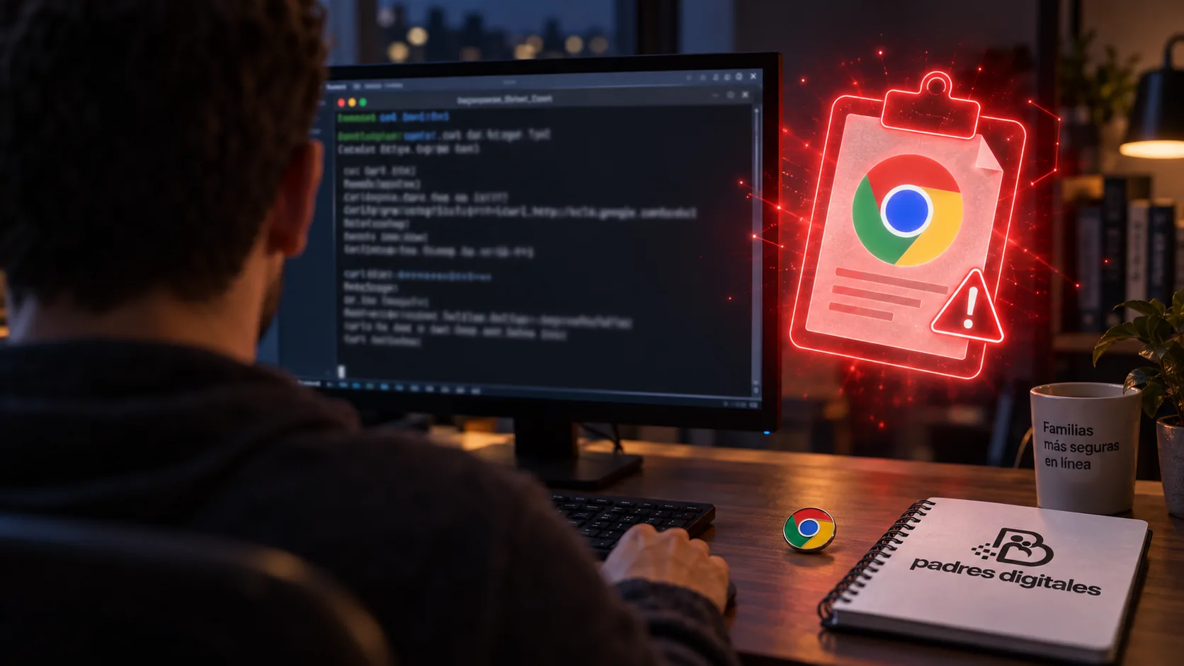 Persona ante una terminal con un holograma de portapapeles en alerta, símbolo de la estafa ClickFix
