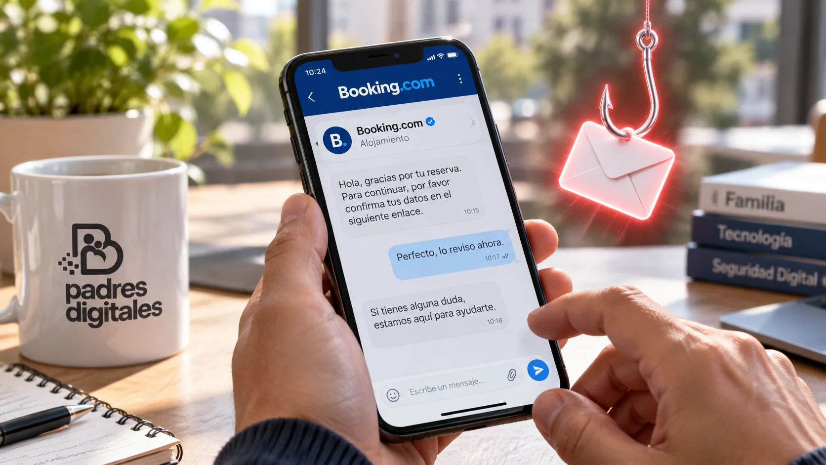 Móvil con un chat y un holograma de anzuelo con sobre, símbolo del phishing