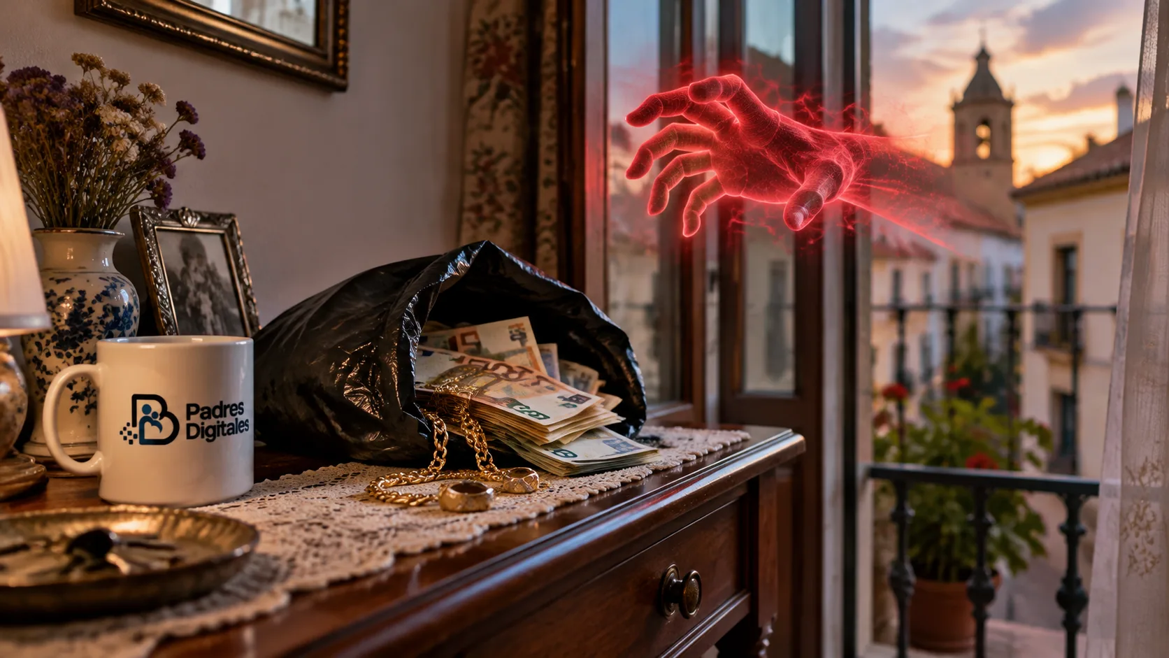 Bolsa opaca con dinero y joyas junto a una ventana, con un holograma de una mano espectral intentando atraparla