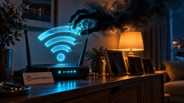 Router WiFi doméstico con una señal de intrusión representada de forma ilustrativa.