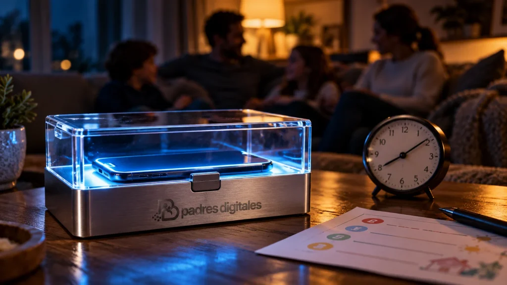 Móvil encerrado en caja de carga iluminada en salón familiar con logo gris de Padres Digitales integrado