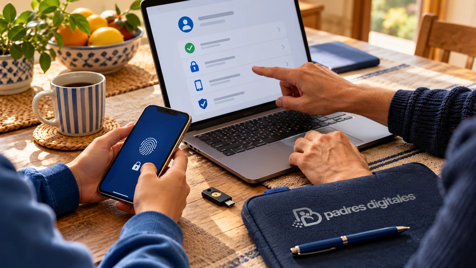Familia revisando la seguridad de sus cuentas con el logotipo oficial de Padres Digitales integrado en una funda azul