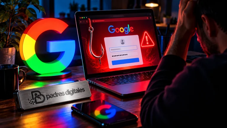 Ventana falsa de Google con alerta roja de phishing y logotipo oficial de Padres Digitales integrado en una placa metálica
