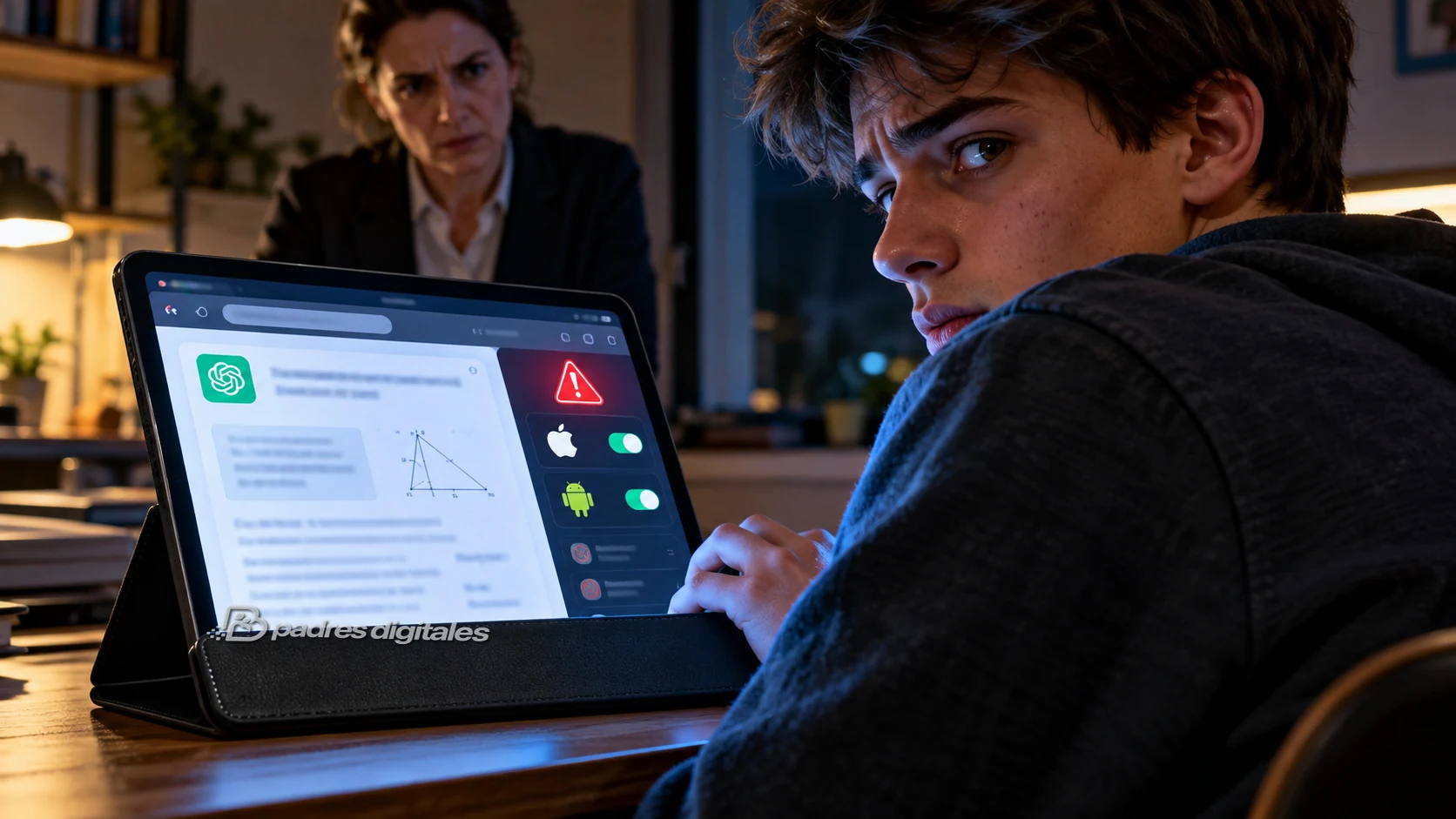 Alumno usando una tablet para obtener respuestas de inteligencia artificial durante los deberes, con un adulto detectando la situación.